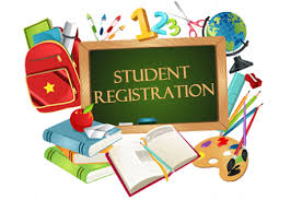  Cartoon of school supplies and black board saying "Student Registration"